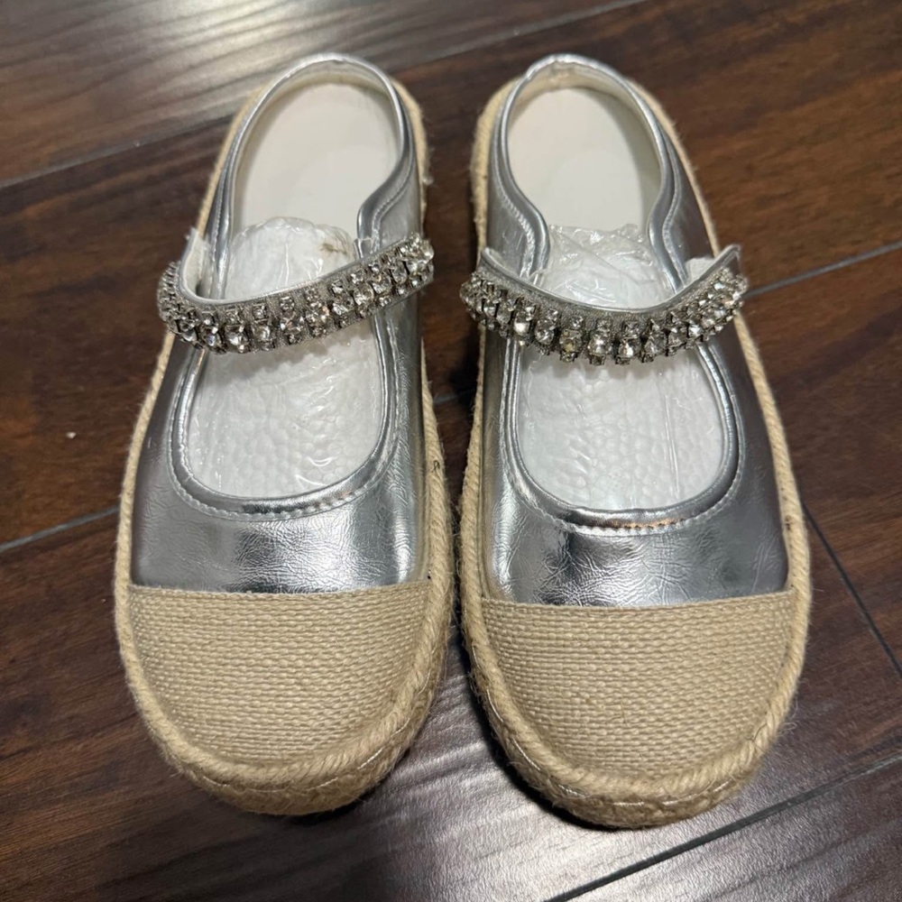 Silver and Tan Espadrille Flats with Rhinestone Strap